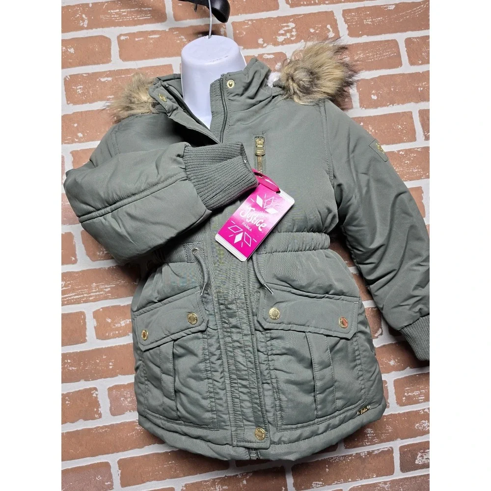 Justice Girls Puffer Jacket Faux Fur Lined With‎ Hood Sz XS 5/6 Green